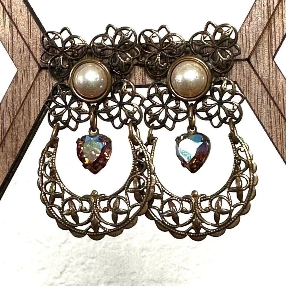 Brass tone faux pearl heart drop earrings